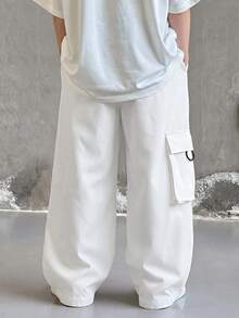SHEIN 兒童青少年男孩休閒日常舒適直筒寬鬆長褲，黑色工裝褲，新款，適合外出、上學，春夏秋冬四季皆宜 - 白色 - 查看 3