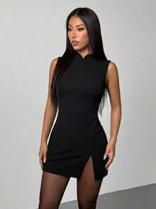 SHEIN PETITE 情人節/春節新款套裝：復古錢幣圖案立領修身喇叭袖優雅紅色洋裝，適合約會與派對 - 黑色 - 查看 5