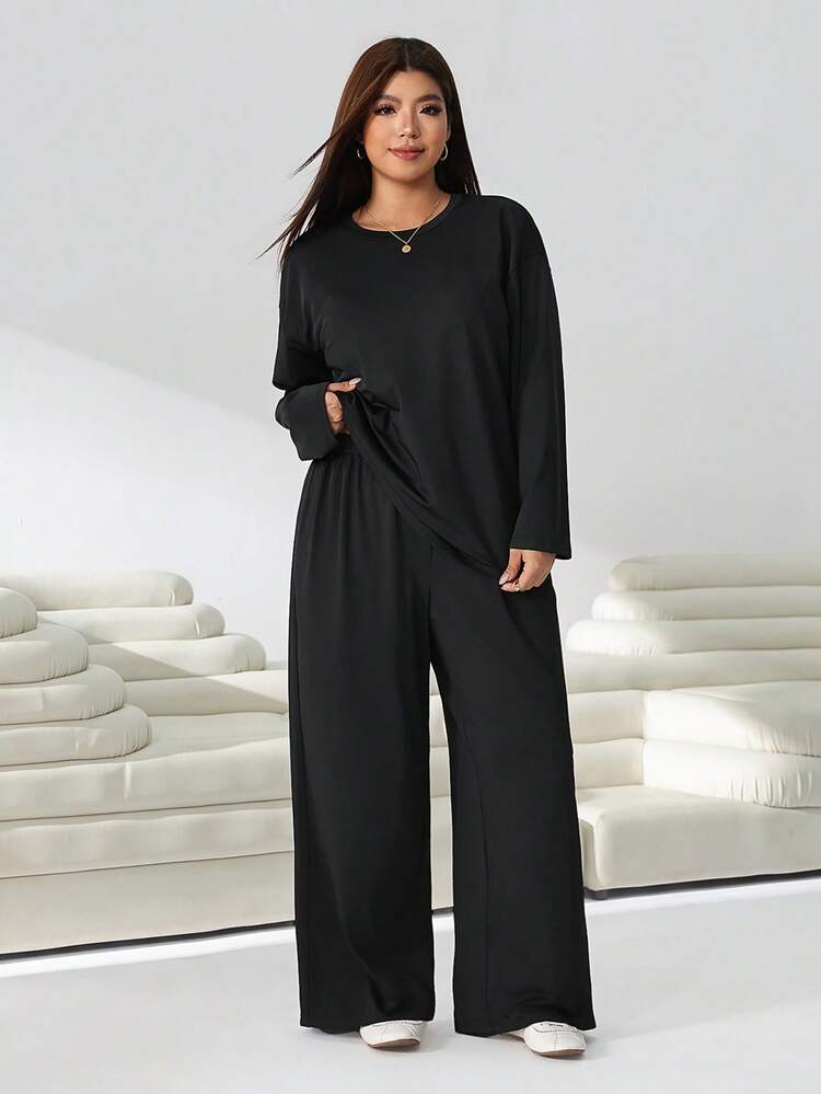 Solflare Women's Solid Color Long Sleeve Top And Pants Casual Daily Set Fall - Black - View 7