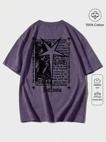 ROMWE MEN Street Life Plus Size Snow-Washed Slogan Print Casual T-Shirt - Purple - View 1