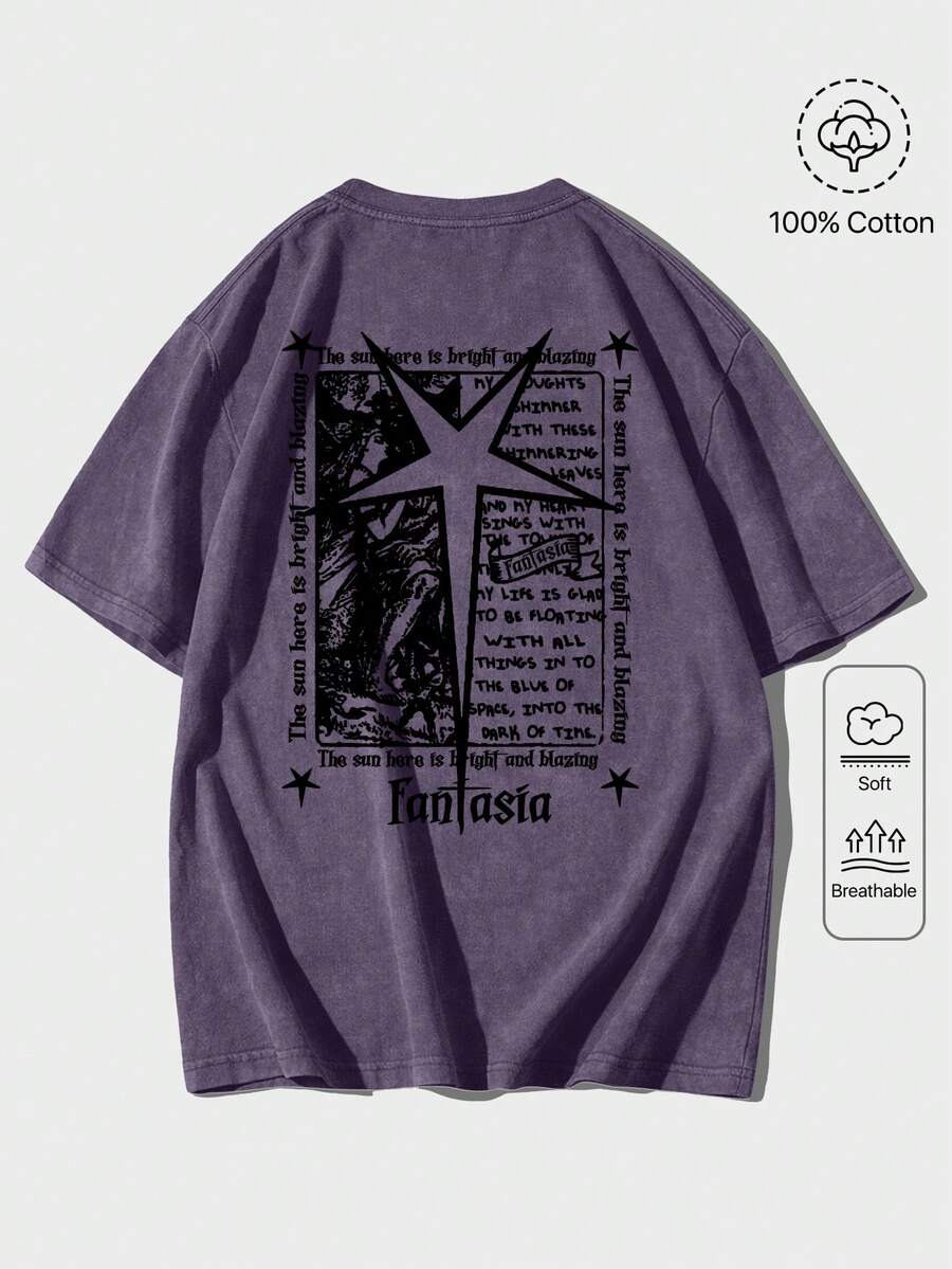 ROMWE MEN Street Life Plus Size Snow-Washed Slogan Print Casual T-Shirt - Purple - View 1