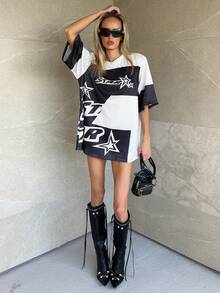 Brooke Lily Kaos Olahraga Kasual Longgar dengan Cetakan Huruf Jala dan Warna Kontras, Warna Hitam, Cocok untuk Musim Panas. - Hitam - View 3