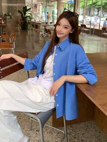 DAZY 休閒百搭純色長袖襯衫 - 藍色 - 查看 5