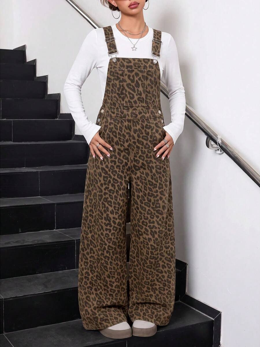SHEIN Teen Girls Leopard Print Denim Loose Overalls - Multicolor - View 1