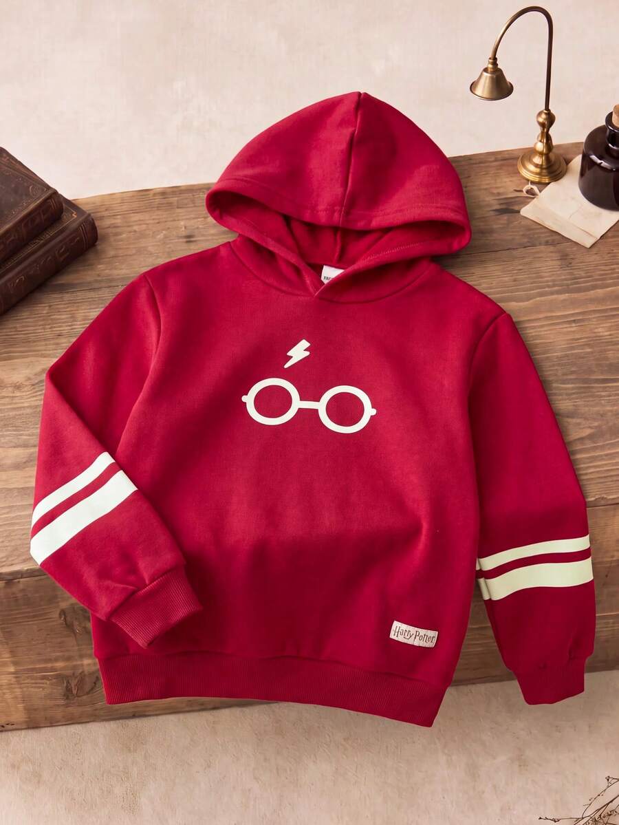 PrepCrw HARRY POTTER X SHEIN 青少年男孩眼鏡圖案印花長袖連帽衛衣，適合返校與外出穿著 - 酒紅色 - 查看 1