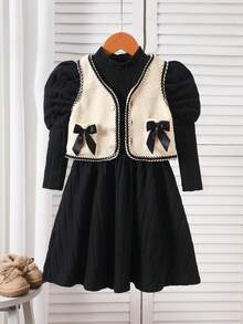 Elladie kids 女童秋冬保暖兩件套－優雅淑女高領泡泡袖收腰純色毛絨羅紋極簡連身裙，搭配短版無袖羊毛混紡背心與3D蝴蝶結，適合外出、旅行、度假、姐妹派對與聚會 - 黑與白 - 查看 4