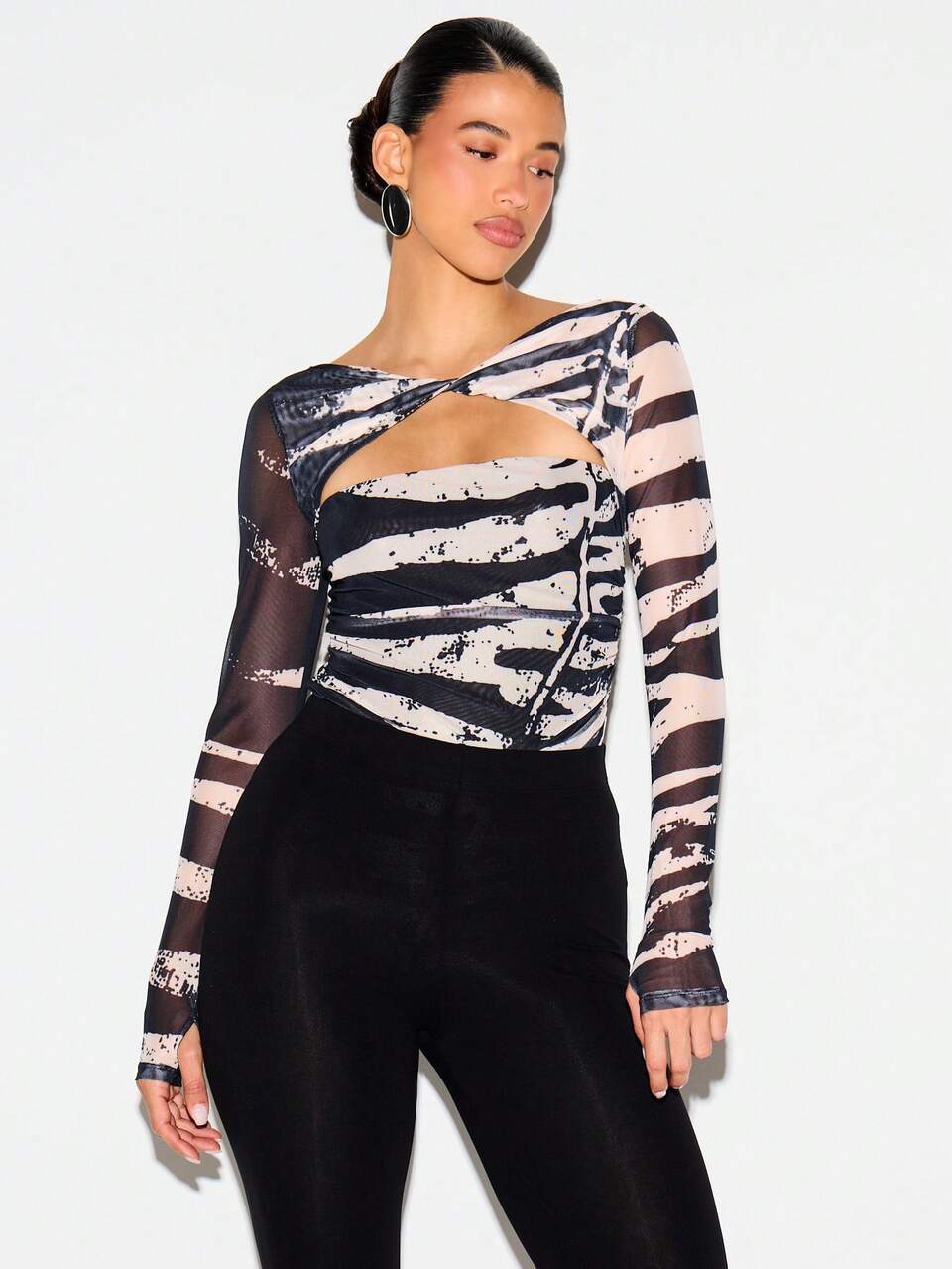 KIZN Mesh Long Sleeve Bodysuit With Cut-Out Detail