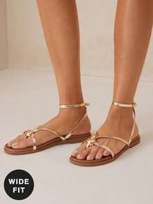 VACAZURE Women   Round Toe Wide&Cushioned Footbed Metal-Ball Decor Toe-Post Ankle Strap Metallic Pu Gold Flat Sandals – Chic, Clean & Comfortable - Gold - View 3