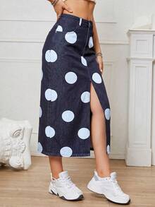 SHEIN EZwear 女款波點圖案口袋開衩下擺休閒牛仔裙 - 藍色 - 查看 6