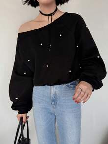 FRIFUL Women's Early Autumn New Korean Style Beaded Decor Asymmetric Neck Asymmetrical Loose Sweatshirt Cute Tops - Khaki - View 5