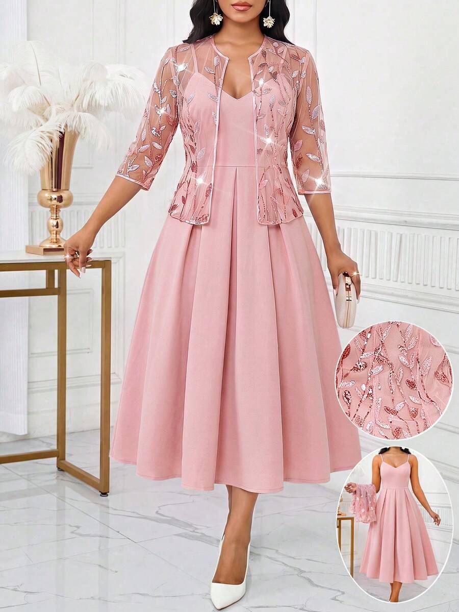 SHEIN Lady 女款粉色花卉亮片網紗3/4袖開襟外套吊帶洋裝優雅兩件套,適合婚禮新娘母親、派對、正式場合、教堂、夏季 - 粉色 - 查看 1