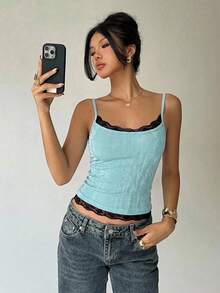 Aloruh 女款 Y2K 藍色蕾絲拼接細肩帶背心上衣 - 藍色 - 查看 3