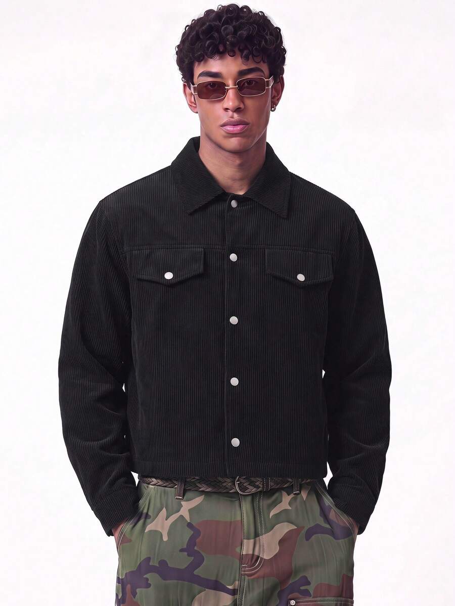 SWAVVY Chaqueta casual de manga larga de un solo pecho de unicolor para hombre - Negro - Ver 1