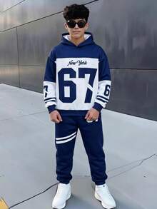 SHEIN 兒童青少年男孩休閒運動數位67圖案套頭連帽衛衣，寬鬆長袖極簡風運動衫與運動長褲兩件套，適合通勤、上學、日常休閒、度假、旅行、運動，秋冬穿著 - 藍色 - 查看 3