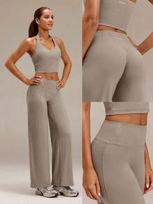 GLOWMODE Set FeatherFit™ Sculpt & Support dengan Bra Olahraga Model Halter dengan Tali Bahu yang Dapat Diatur & Legging Pembentuk Bokong dengan Karet Pinggang Corehold untuk Latihan di Gym - Khaki - View 11