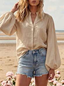 Breezaya Women's Solid Color Single-Breasted Casual Versatile Daily Wear Shirt - Apricot - View 5