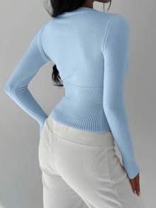 FavEase Women's Solid Color Casual Fitted Front Button Cardigan, Versatile - Blue - View 2