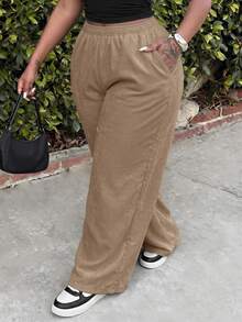 Slaydiva Plus Size Casual Versatile Solid Color Loose Pants Fall - Khaki - View 10