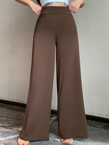 DAZY 女士休闲纯色基本款周末装长裤，夏季新品 - 咖啡棕 - 查看 4