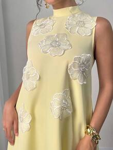 Modelyn 女款時尚優雅奢華重工3D花卉淺黃色寬鬆長款A字洋裝 - Butter Yellow - 查看 4