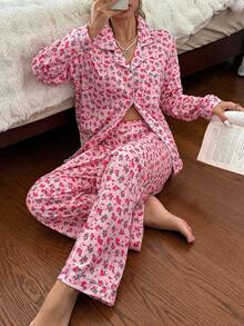 CottageSlumber Romantic Floral Pink Rose Print Long Sleeve Long Pants Collared Pajama Set - Multicolor - View 5
