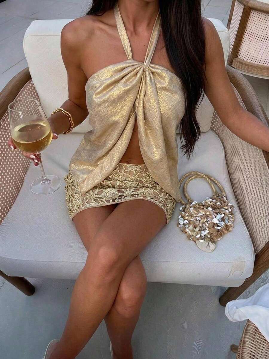 Aloruh 女款純色百褶掛脖上衣與迷你裙時尚兩件套