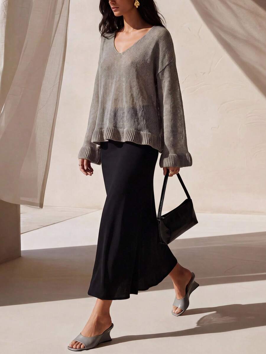 Zivah Autumn Casual Minimalist Solid Color Ruffle Hem Sweater Brunch Light Grey