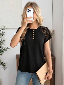 EMERY ROSE Women's Contrast Lace Insert Short Sleeve Button Half Placket Casual T-Shirt - Black - View 6