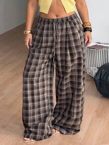 SHEIN Tall CURVE Women's Plus Size Plaid Casual Versatile Wide Leg Pants For Daily Wear Fall - Brown - View 7
