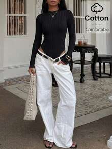 Siren Gaze Solid Ribbed Knit Bodysuit Elegant Black Summer Black - Black - View 2