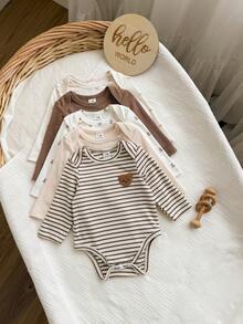 Set Bodysuit Serbaguna Gaya Korea Musim Gugur/Dingin untuk Bayi Baru Lahir: Bodysuit Lengan Panjang Bordir Beruang dengan Motif Beruang Bergaris di Seluruh Bagian untuk Bayi Baru Lahir. - MultiWarna - View 6