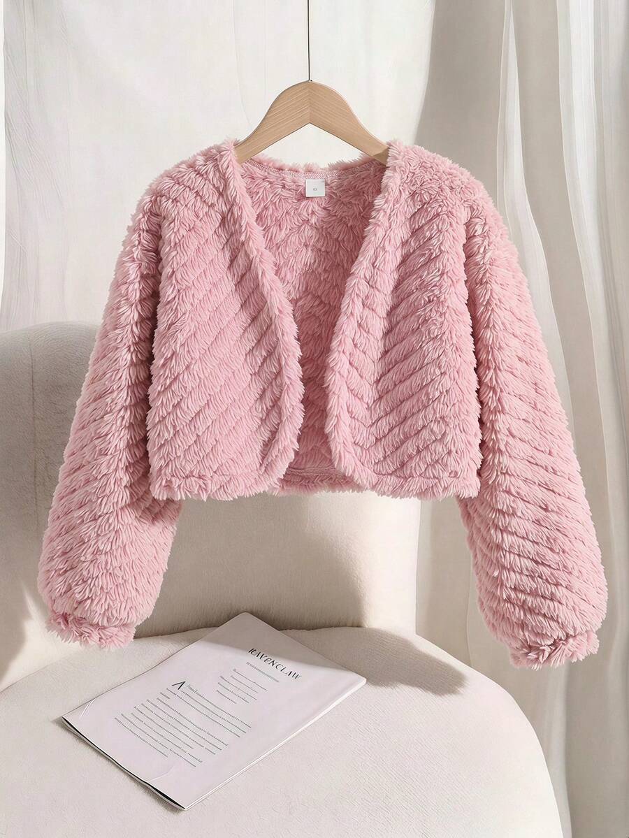 SHEIN Sparklyn 女童毛絨長袖開襟外套 秋季 - 粉色 - 查看 1