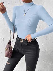 SHEIN 秋冬休閒百搭素色立領針織毛衣 - 天藍色 - 查看 5