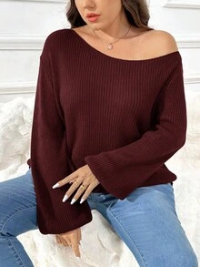 SHEIN Essnce 大码女装秋季女装新款时尚休闲通勤拉绒面料休闲纯色藏青色宽松多穿（单肩、斜肩、正肩）针织毛衣，毛衣套头露肩上衣，露肩长袖，秋季女式毛衣， - 紅色 - 查看 4