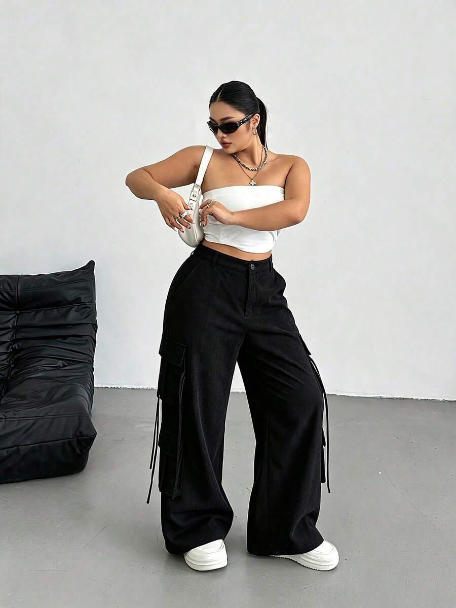 POPSWAY Plus Size Women's Multi-Pocket Corduroy Casual Western Straight Leg Cargo Pants, Autumn/Winter Fall Airport Formal Black - Black - View 1