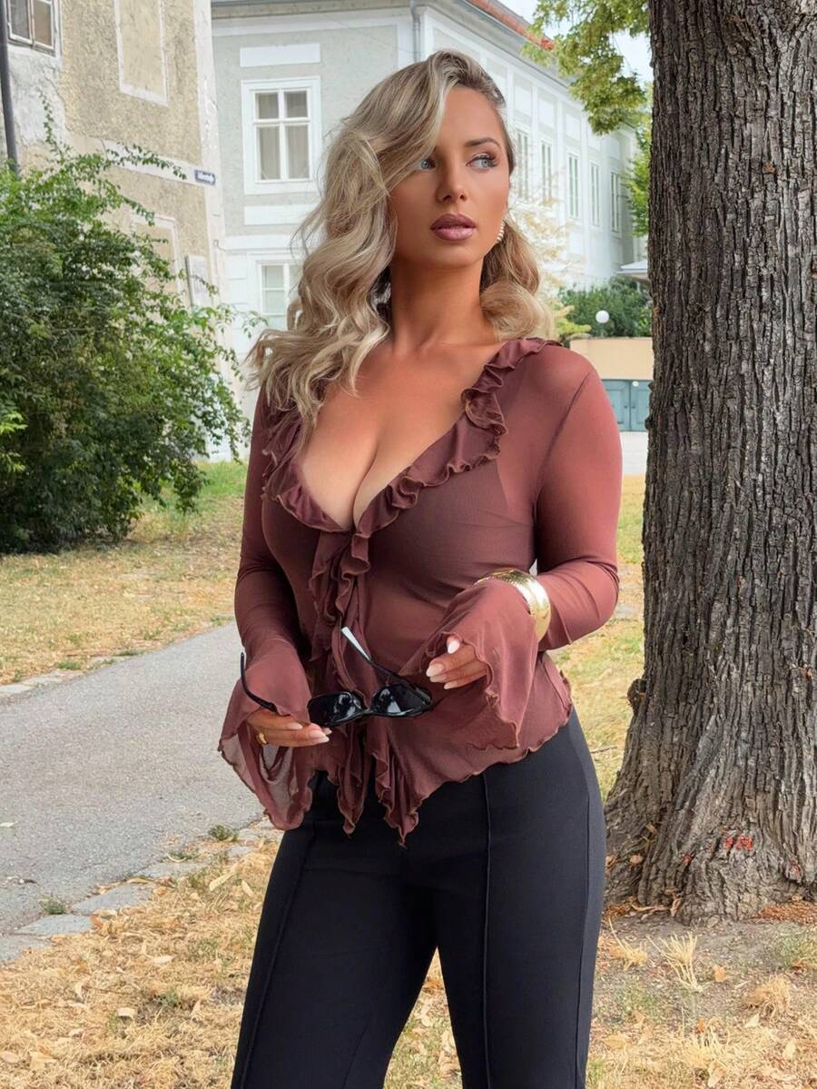 Jeta Ari Ruffle Trim Flare Sleeve Knot Front Lettuce Trim Mesh Top Fall - Chocolate Brown - View 1