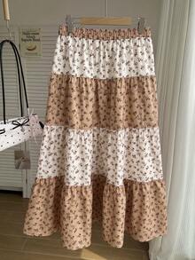 Comfortcana Plus Size Women's Ditsy Floral Waist Tie Ruffle Hem Skirt For Vacation - Khaki - View 2
