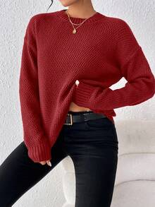 SHEIN 女款純色圓領落肩長袖休閒針織衫 - 紅木色 - 查看 4