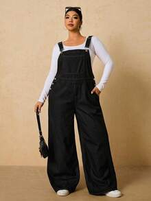 SHEIN PETITE CURVE Plus Size Fashion Pocket Button Loose Denim Jumpsuit Fall Black Casual Normal - Black - View 7