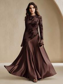 Anewsta Women Floral Textured Splice Round Neck Bell Sleeve Elegant Dress Dinner Date Brown Autumn - Coffee - View 5