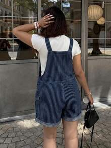 Lounesse Plus Size Women's Striped Casual Daily Denim Romper Fall - Dark Wash - View 2
