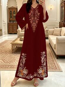 Al Najma 女款紅色優雅V領長袖大裙擺洋裝，舒適優雅，精緻花卉圖案印花，花卉設計，保守款洋裝，聚酯纖維材質，適合居家、外出、度假、派對與聚會，飄逸復古長袖洋裝，植物元素印花紅洋裝 - 紅色 - 查看 5