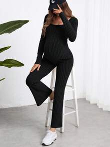 SHEIN 孕婦純色休閒日常穿搭連身褲 秋季 - 黑色 - 查看 2