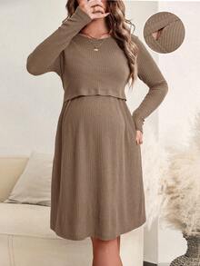 SHEIN Maternity Solid Color Round Neck Long Sleeve Casual Nursing Dress Fall - Camel - View 1