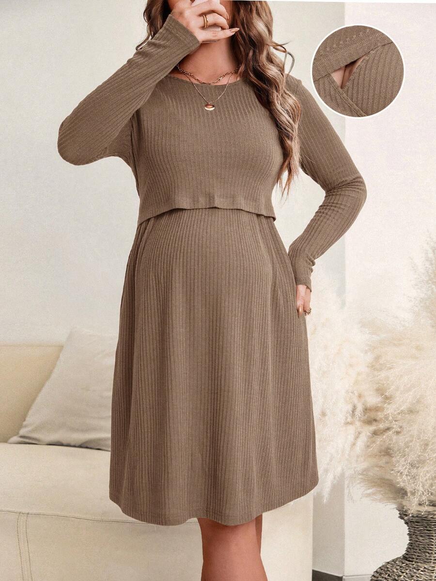 SHEIN Maternity Solid Color Round Neck Long Sleeve Casual Nursing Dress Fall - Camel - View 1