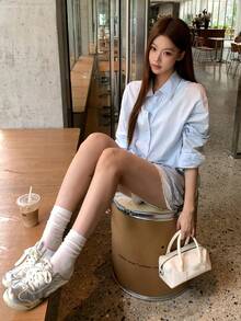 DAZY 女款素色休閒百搭日常穿著襯衫 - 藍色 - 查看 1