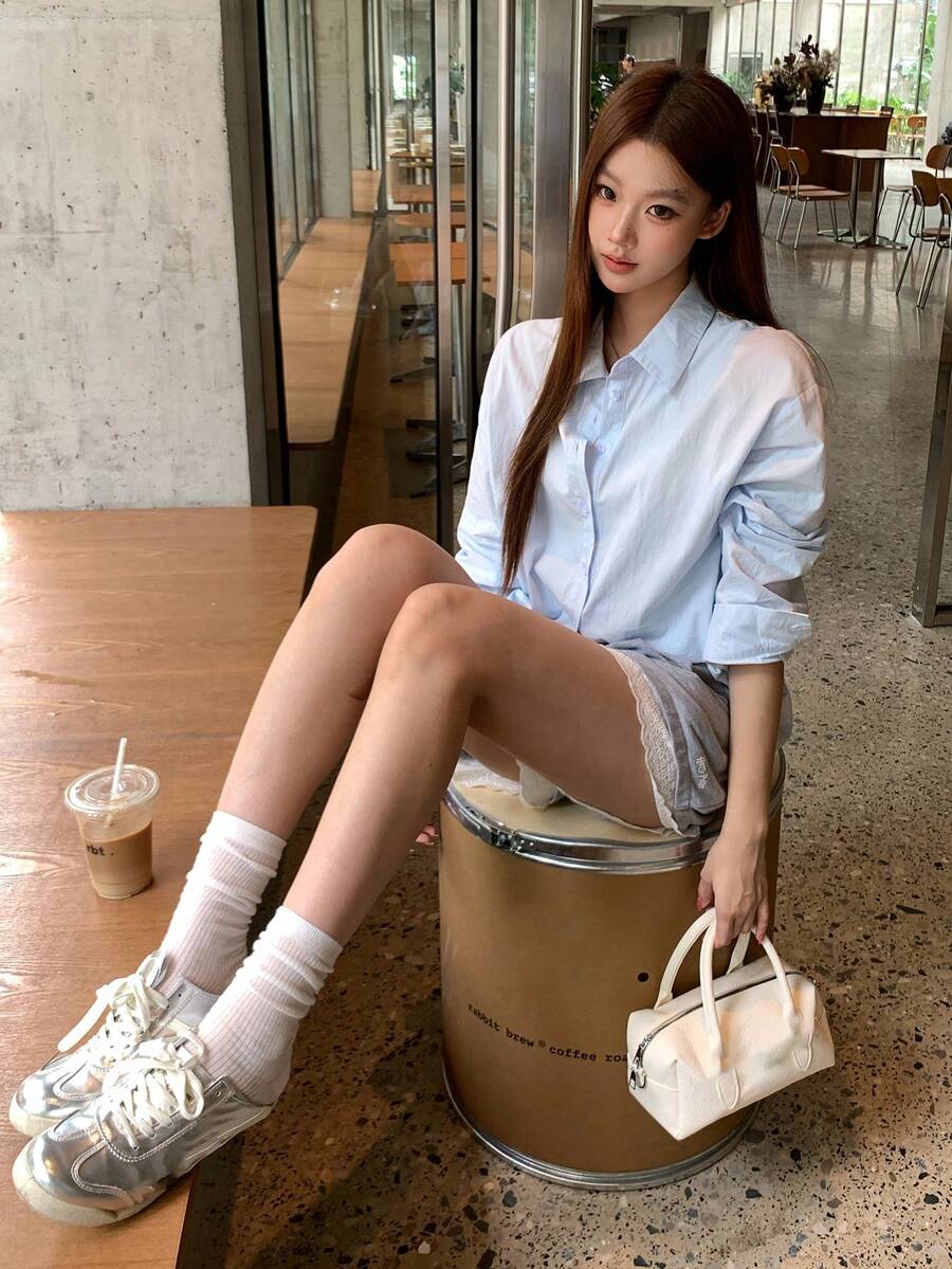 DAZY 女款素色休閒百搭日常穿著襯衫 - 藍色 - 查看 1