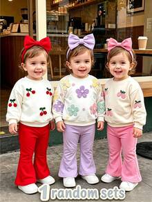 SHEIN Sparklyn 1 Random Pc Baby Girl Floral Print Long Sleeve Sweatshirt And Flared Pants Set - Multicolor - View 2
