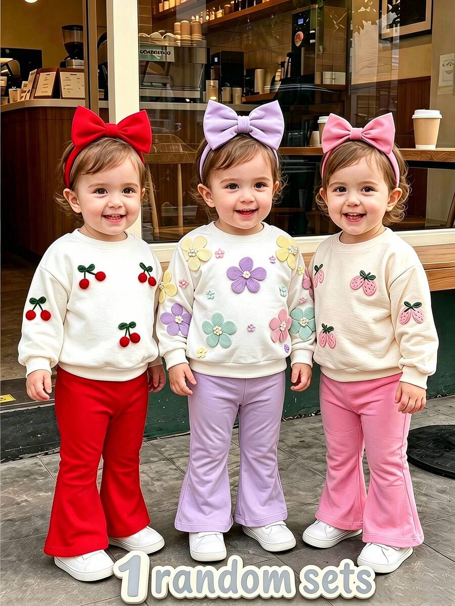 SHEIN Sparklyn 1 Random Pc Baby Girl Floral Print Long Sleeve Sweatshirt And Flared Pants Set