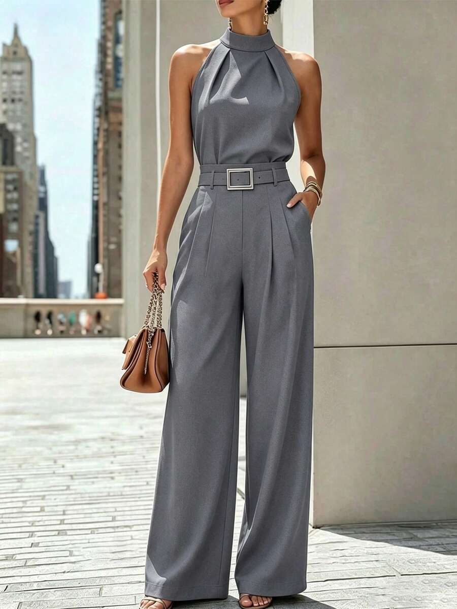 Zovinel Casual Versatile Halter Neck Tank Top And Pleated Pocket Wide Leg Long Pants 2 Pieces Set - Grey - View 1